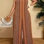 Sleeveless Striped Jumpsuit - Wide-Leg Bohemian Print Exposed Shoulder Design