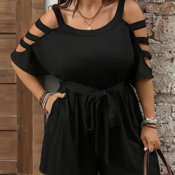 Women's Elegant Off-Shoulder Jumpsuit - Stretchy Solid Black Romper with Round Neck