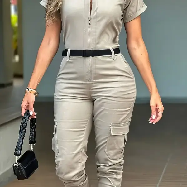 Women'S Elegant Beige Cargo Jumpsuit with Pockets
