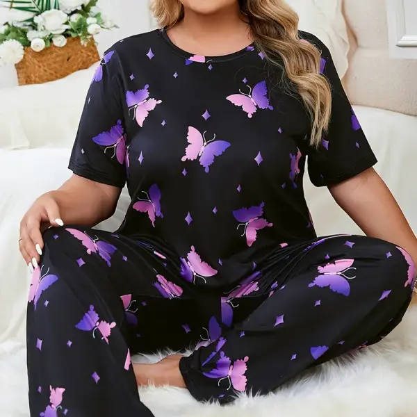 Cute Pajama Set, Plus Size Star & Butterfly Print Short Sleeve Crew Neck T-shirt & Pants Pajama 2 Piece Set
