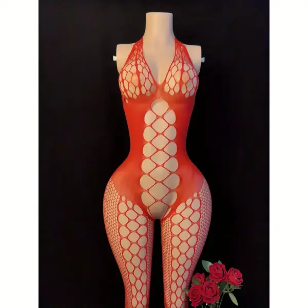 Sexy Red Fishing Net Lingerie Jumpsuit