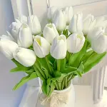 10pcs Elegant White Artificial Tulips with Vibrant Green Leaves