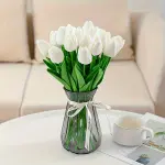10pcs Elegant White Artificial Tulips with Vibrant Green Leaves