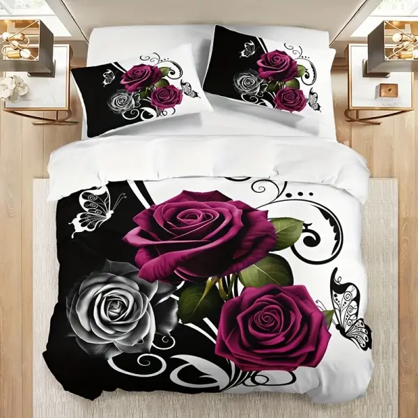 3PCS Rose and Butterfly Floral Duvet Cover Set