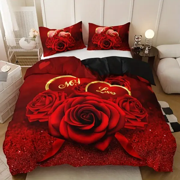 3pcs Romantic Red Rose Love Floral Letter Duvet Cover Set