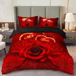 3pcs Romantic Red Rose Love Floral Letter Duvet Cover Set
