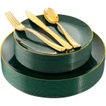 50pcs Green Golden Rim Plastic Plate Set
