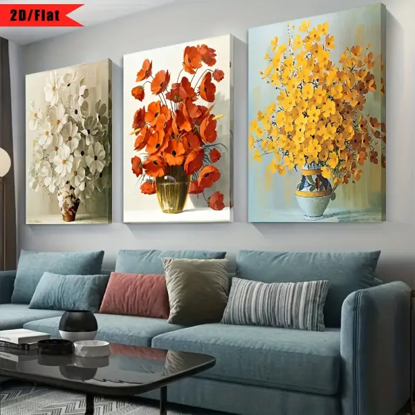 3pcs, framed. Brightly coloured potted flowers canvas wall art