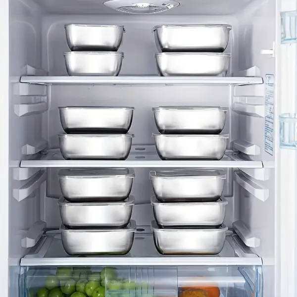 A Set of 8 Stainless Steel Food Storage Containers with Lids