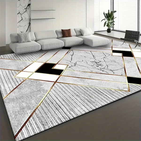 Velvet 850g/m², Soft Thick Area Mat with Minimalist Geometric Patchwork Pattern in Grey-White and Black