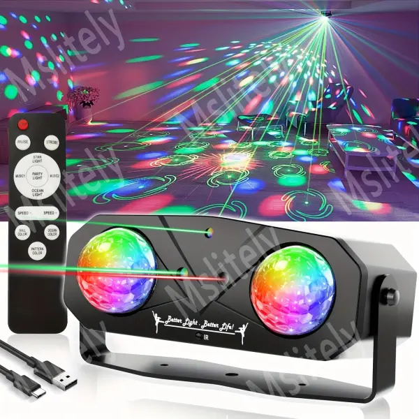 LED Disco Balls + 3 Laser Party Lights, USB Powered with Remote Control and Sound Activated Stage Lights