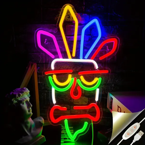 Vibrant RGB LED Tiki Mask Neon Sign - USB-Powered Wall Decor