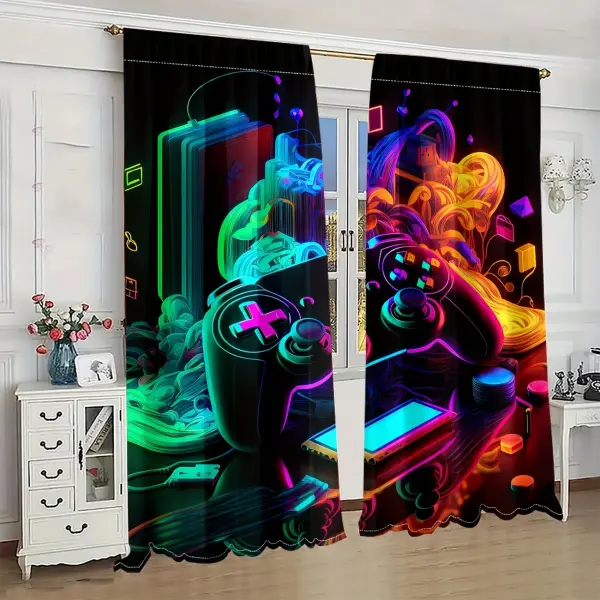 2pcs Vibrant Light Filtering Curtain Panels With Colorful Gaming Controller Prints