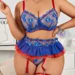 Lingerie Embroidered Floral Flat Bra with Steel Ring Sexy Lingerie 3pcs Set