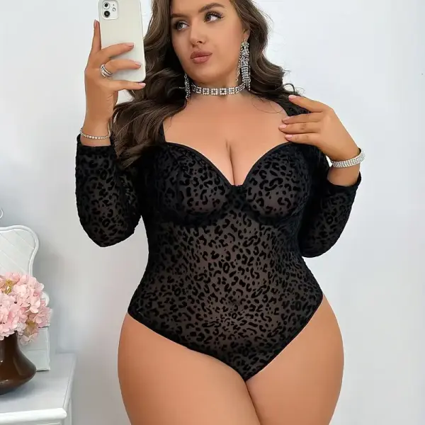 Leopard Print Bodysuit - Stretchy Polyester-Spandex Blend, Long Sleeve with Thigh-High Cutouts