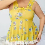 Size Mesh Print Contrast Lace Ruffle Dress with Thong Included