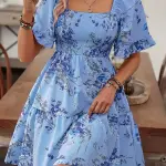 Floral Print Square Neck Dress with Puff Sleeves