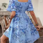 Floral Print Square Neck Dress with Puff Sleeves