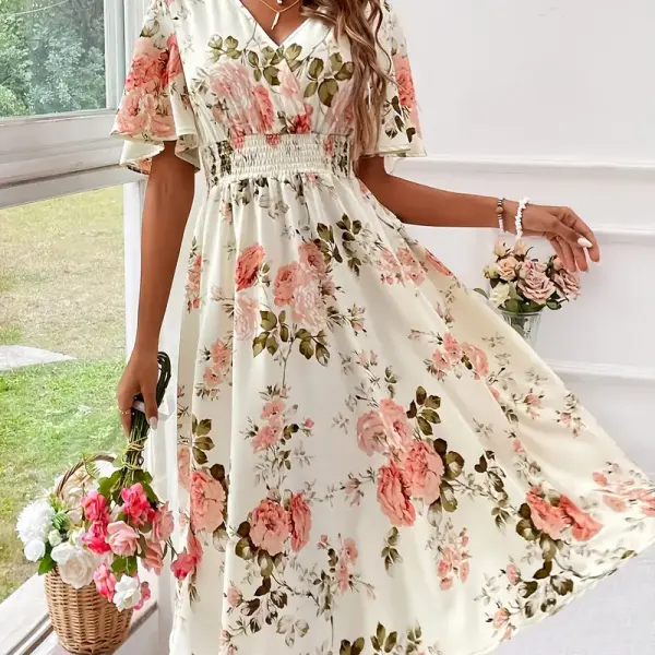 Elegant Floral Dress with Ruched Waist - V-Neck