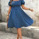 Plus Size Women'S Solid Color Puff Sleeve Front Pocket Dress