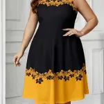 Elegant Sleeveless Floral Print Dress - Black with Yellow Accents