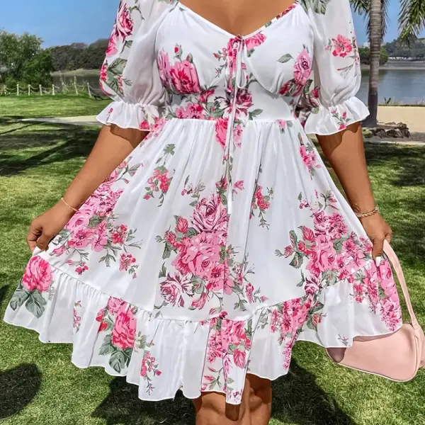 Elegant Bohemian Floral Print Maxi Dress with V-Neck and Ruffled Hem