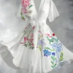 Vintage Floral Art Print V-Neck Elegant