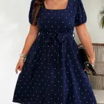 Polka Dot Print Dress, Casual Square Neck