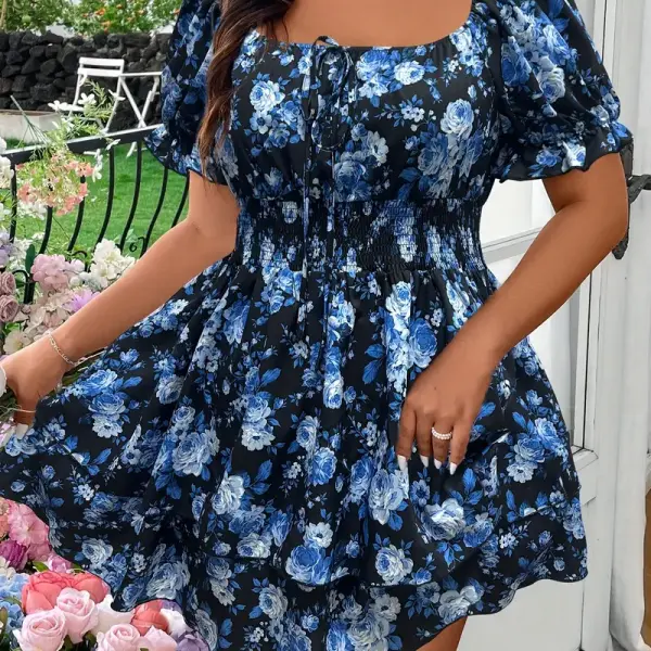 Floral Print Square Neck A-Line Dress - Lightweight