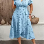 Women'S Light Blue Polka Dot V-Neck Dress