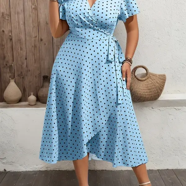 Women'S Light Blue Polka Dot V-Neck Dress