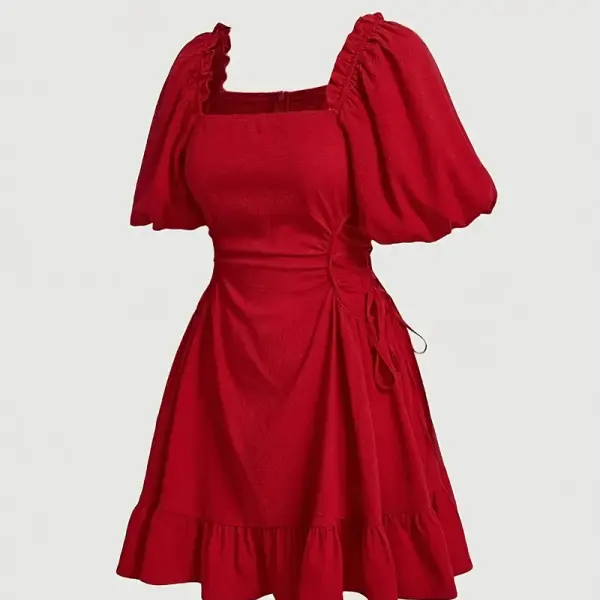 Women'S Elegant Red Off-Shoulder Mini Dress with Puffy Sleeves