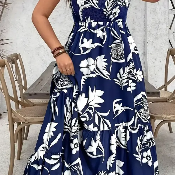 Elegant Off-Shoulder Floral Maxi Dress - Navy Blue
