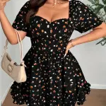 Short Sleeve Floral Dress - Black with Orange