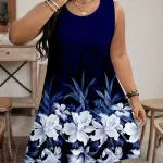 Casual Sleeveless Dress - Navy Blue & White