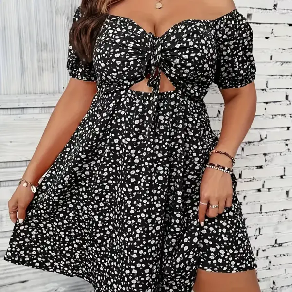 Cutout All Over Print Dress, Casual Off Shoulder Short Sleeve Dress