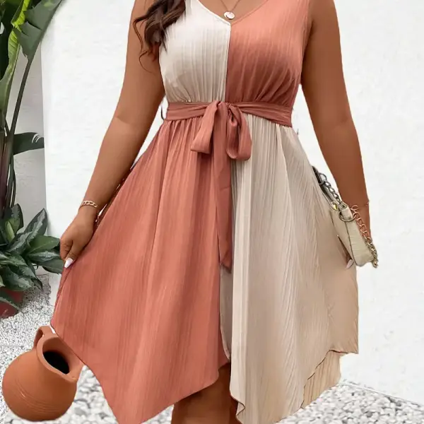 Asymmetric Two-Tone Hem Dress with Tie, Women's Long Length
