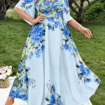 Vacation Style, Elegant Floral Print V-Neck Midi Dress with Bell Sleeves and Flared Skirt