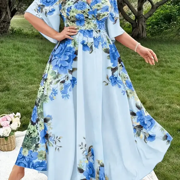 Vacation Style, Elegant Floral Print V-Neck Midi Dress with Bell Sleeves and Flared Skirt