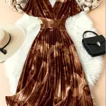 Elegant V-Neck Short Sleeve Floral Print Pleated Dress