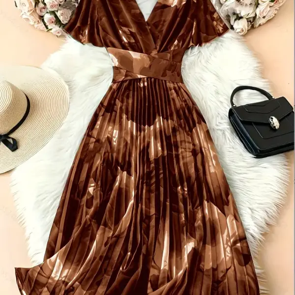 Elegant V-Neck Short Sleeve Floral Print Pleated Dress