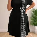 Women'S Elegant A-Line Dress with Houndstooth Bow Detail