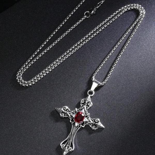Red Orb Cross Stainless Steel Necklace